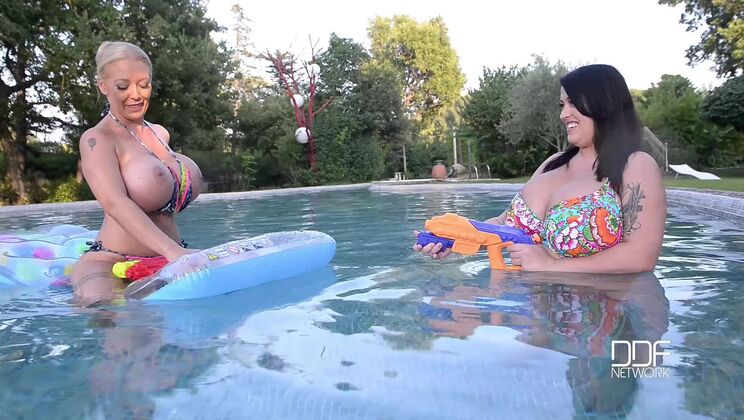 Floating Gazongas: Two British Bombshells With Big Tits In The Pool