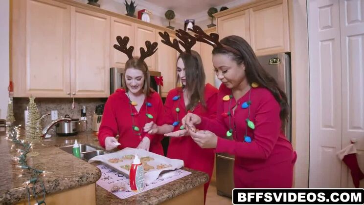 It’s Christmas time and bff's Adriana Maya, Aria Kai and Dani Damzel are celebrating by baking some cookies and getting fucked by Santa!