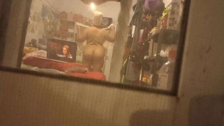 Caught my chubby step aunt dressing voyeur-style after shower, homemade recording.