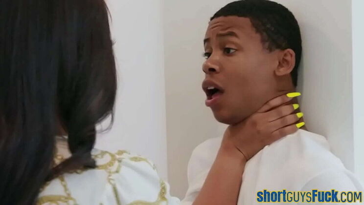 Curvy Ebony Babe Gets Spitroasted by Two Short Guys in Wild Threesome