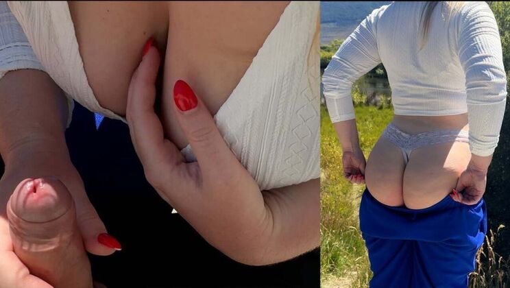 Public Handjob on Hiking Trail - Sloppy Blonde MILF with Big Tits and Red Nails
