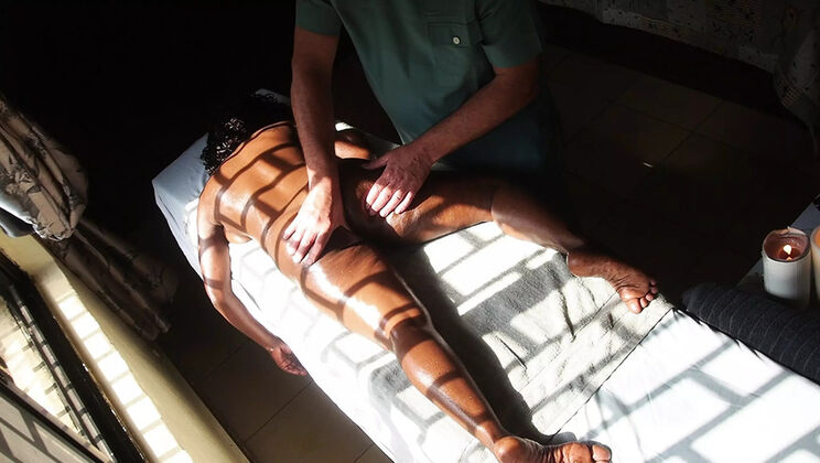 Ebony MILF Gets Oiled Up for a Special Massage with Older Man