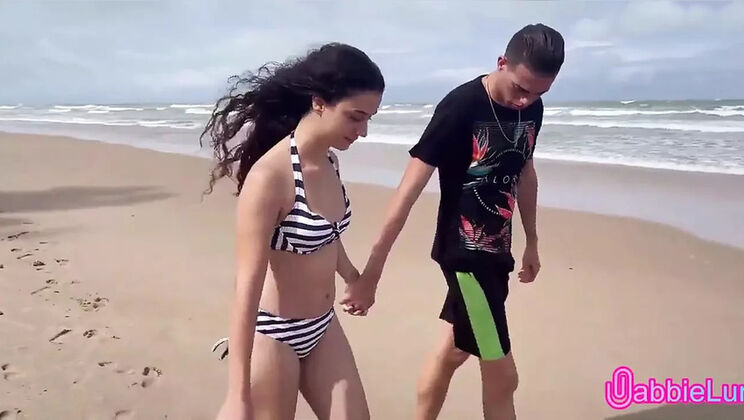 Skinny Teen Brunette Gives Tight Pussy on Beach - Cowgirl & Doggy Style