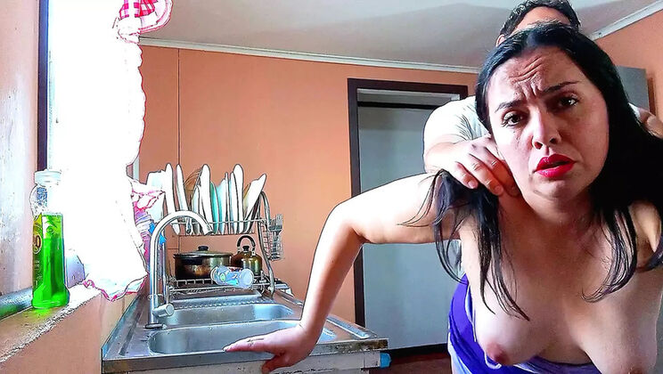 BBW Kelly Mom Fucks Step Son in Kitchen - Topless & Moaning Loudly