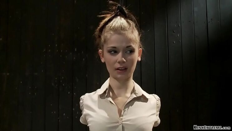 Petite brunette Sensi Pearl tied up and fucked hard against the wall