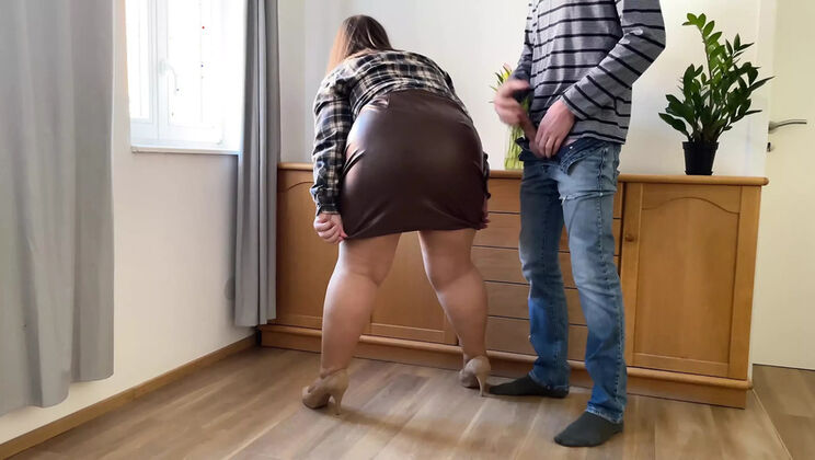 Horny MILF in Leather Skirt Gets Huge Cumshot on Her Fat Ass - OurFetishLife