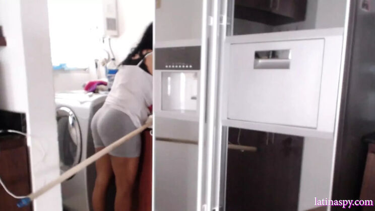 Amateur Latina MILF with huge natural tits jerks off while cleaning her house - homemade HD video part 1