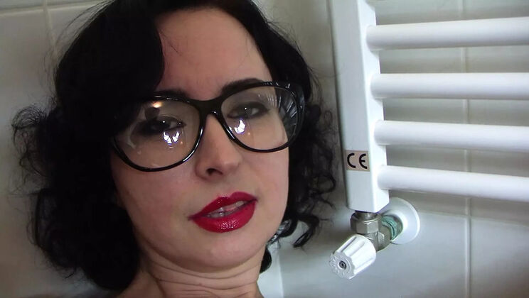 Amateur MILF in Glasses Masturbates Wild in Shower with Stockings