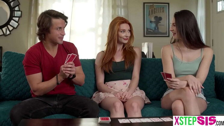 Lacy Lennon and Liz Jordan teen stepsisters strip poker hardcore threesome POV sex