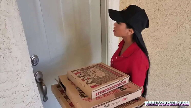 Two horny teens order pizza and fuck sexy Asian delivery girl Ember Snow