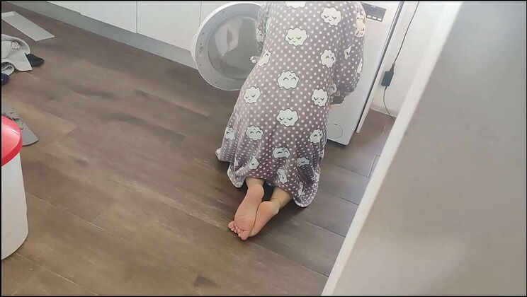 Asian MILF Squirting Miss gets doggy style fucked in washing machine by Hard Rock's big cock, cumshot on ass
