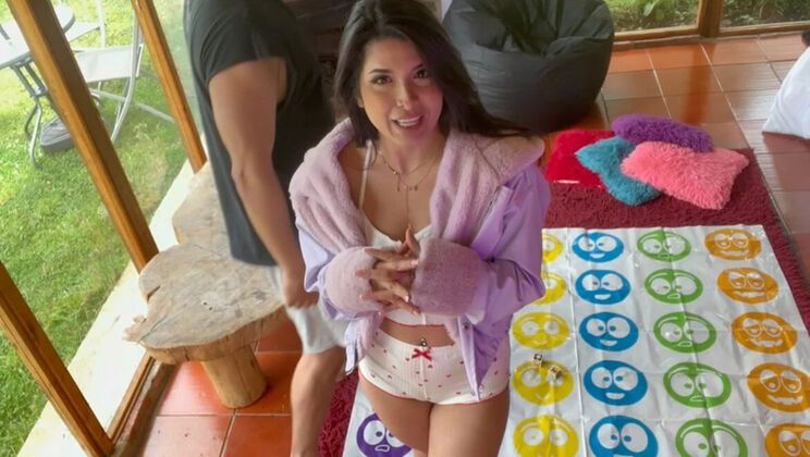 Amelia And Lucas Join For A Sizzling Strip Twister Game - Close Up POV Blowjob After Lost Bet