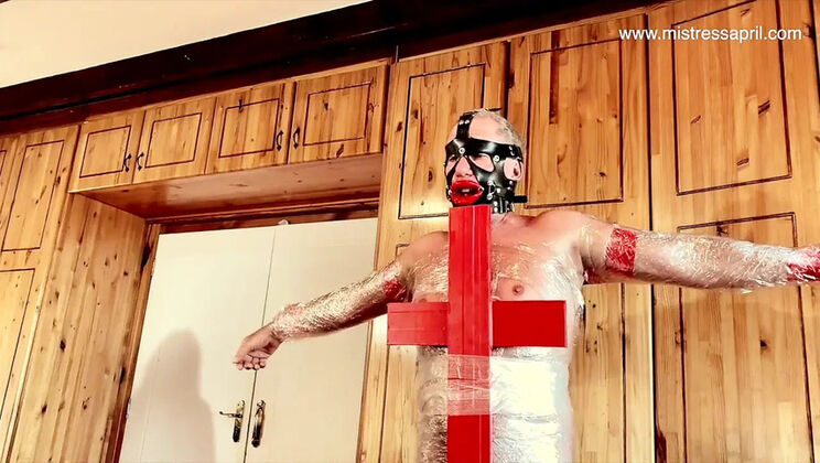 Curvy Dominatrix Mistress April Punishes Slave With Pain & Tape Bondage