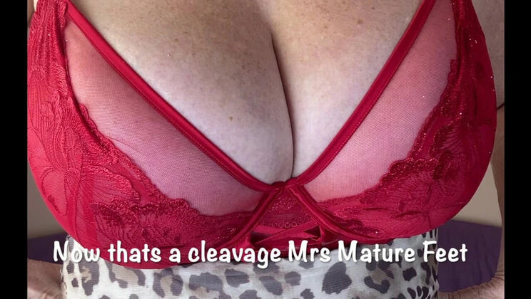 Mature British MILF with Big Natural Tits and Stockings Strips in Red Dress for Friend - Homemade HD Footing