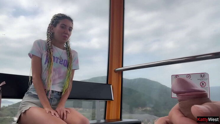 Public Flashing Blowjob - Skinny Brunette Swallows Cum on Ferris Wheel POV