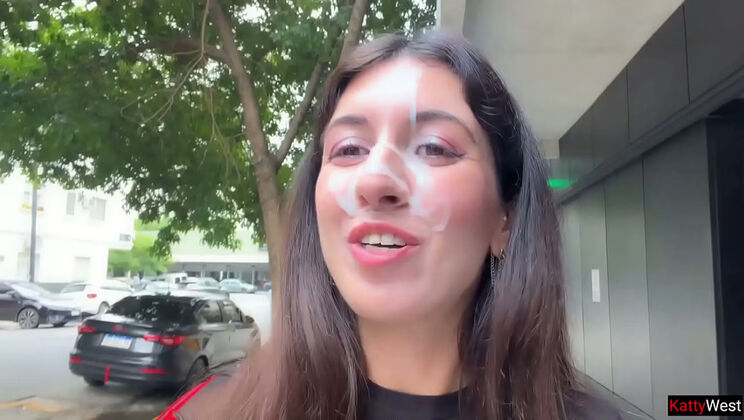 Katty West Brunette Skinny Amateur Public Cumwalk - Huge Facial Cumshot on Street