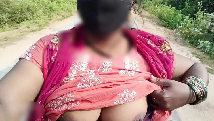 Indian teen with big natural tits rides bike nude in public place - risky outdoor show