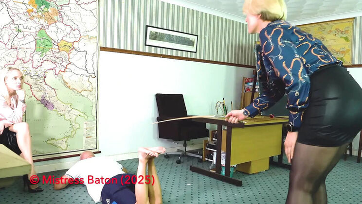 Two Blonde Teachers Punish Naughty College Boy with Foot Torture and Caning