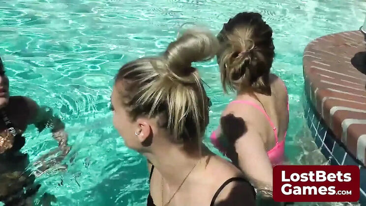 Amateur Lesbian Strip Game - Fingering Teen Cuties in Pool Threesome
