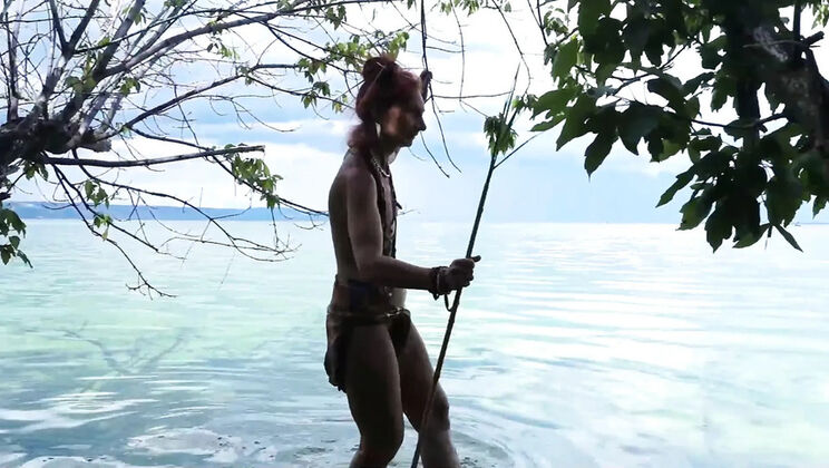 Skinny Russian MILF Natella Dance Poses Naked by the River Before Harpoon Fishing