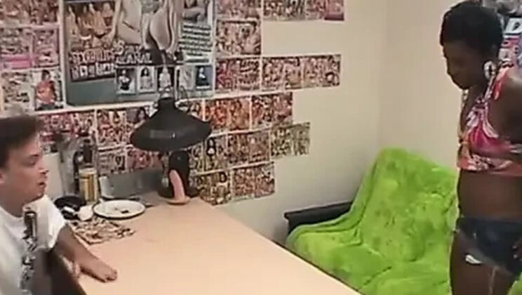 Slutty black skinny girl gets her pussy licked by dude in office