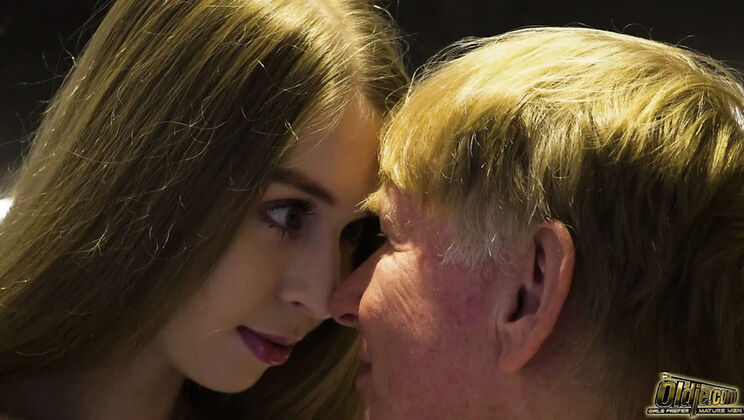 Petite Brunette Strips Naked and Rides Old Man on Couch